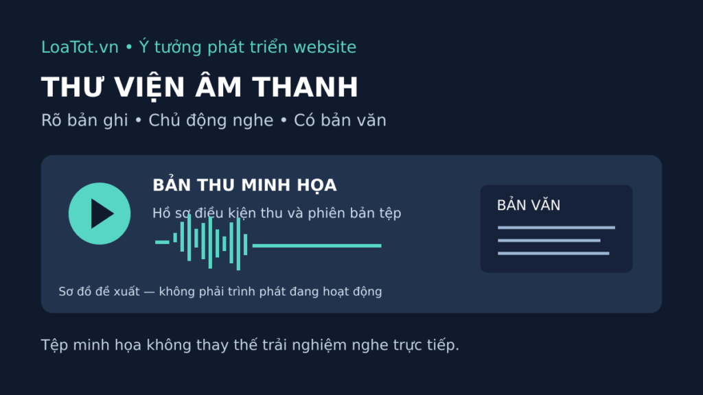 Sơ đồ đề xuất thư viện âm thanh LoaTot.vn với hồ sơ bản thu, nút phát và bản văn đi kèm